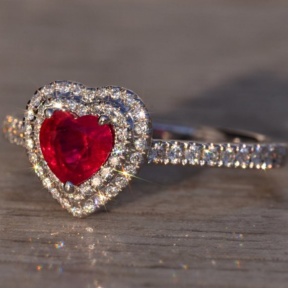 Heart Shaped Natural Ruby and Double Halo Natural Diamond Ring - Picture 3 of 10